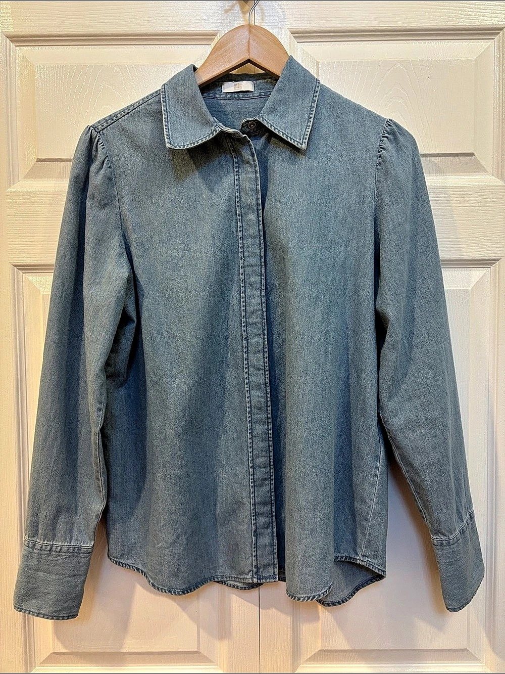 Riani Blue Denim 100% Cotton Button-Down Shirt – Size M (8) – Made in Portugal